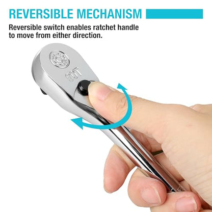 DURATECH Extra Long Handle 3/8-Inch Drive Ratchet, 90-Tooth Ratchet Wrench with 12" Handle and Dust Proof Teardrop Enclosed Head, Reversible, CR-V Steel Made, CR-MO Head, Full Polished, Gifts for Men - size: 3/8" with 12" handle