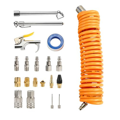 Hoteche 20-Piece Air Compressor Accessory Kit, Heavy Duty Pneumatic Tool Starter Set with 1/4" NPT Couplers & Plugs, 5m Recoil Hose, Tire Pressure Gauge, Blow Gun, and Inflator Nozzles in Storage Case