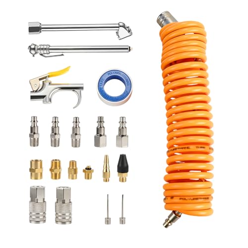Hoteche 20-Piece Air Compressor Accessory Kit, Heavy Duty Pneumatic Tool Starter Set with 1/4" NPT Couplers & Plugs, 5m Recoil Hose, Tire Pressure Gauge, Blow Gun, and Inflator Nozzles in Storage Case
