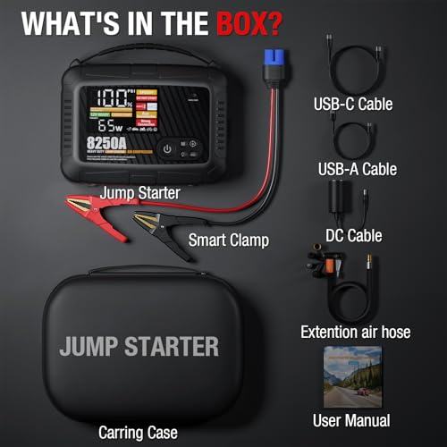 JFEGWO 8250A Heavy Duty Jump Starter with Air Compressor, 32000mAh 65W Fast Charging Portable Car Battery Booster Power Pack (for All Gas 12L Diesel), 150 PSI Tire Inflator, HD Display 12V Jump Box