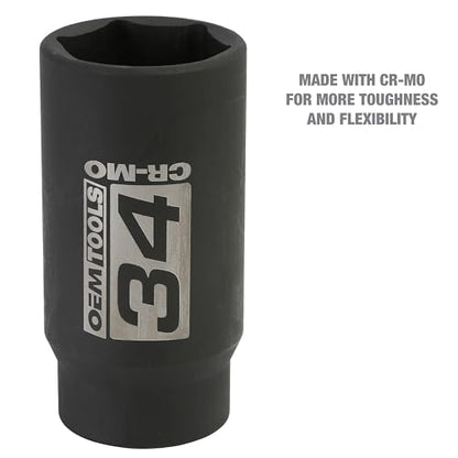 OEMTOOLS 25205 34mm Axle Nut Socket 1/2 Inch Driver | CR-MO 34mm Impact Socket, Black Oxide Finish to Resist Rust, 6 Pt. 34mm Socket, Use for Tune-Ups - size: 34 mm