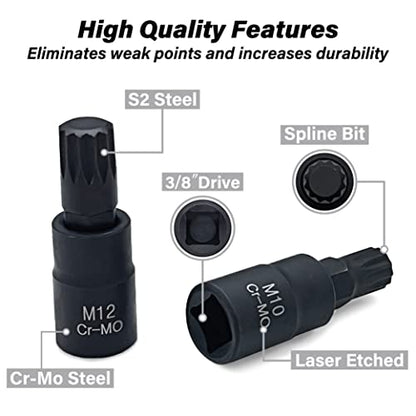 XZN Triple Square Spline Bit Socket Set, Premium Cr-Mo Steel | 10-Piece M4 - M16 Set | 3/8-Inch Drive | Enhanced Storage Case… - size: Spline Bit