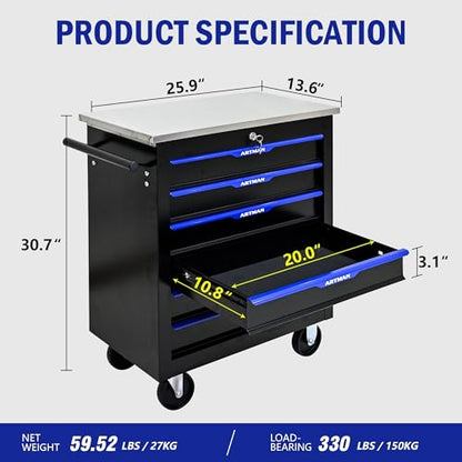6 Drawer Heavy Duty Rolling Tool Chest, Mobile Metal Lockable Tool Cart with Stainless Steel Worktop, Garage Tool Storage Cabinet for Workshop Auto Repair, Black & Blue, 30.7" H × 25.9" W - size: 6 Drawers