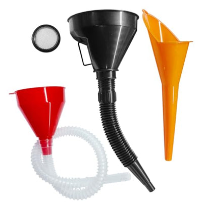 3PCS Car Funnels Set, Universal Long Neck Oil Funnel, Flexible Wide Mouth Funnel with Removable Filter & Nozzle, Right Angle Funnel Plastic Fuel Funnel for Gasoline/Coolant/Engine Oil/Water