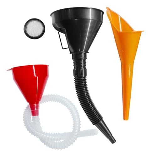 3PCS Car Funnels Set, Universal Long Neck Oil Funnel, Flexible Wide Mouth Funnel with Removable Filter & Nozzle, Right Angle Funnel Plastic Fuel Funnel for Gasoline/Coolant/Engine Oil/Water