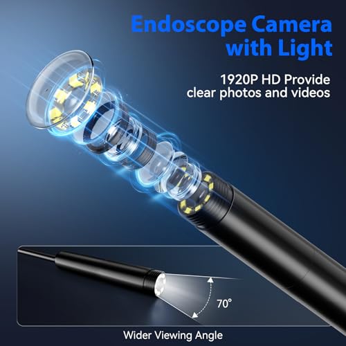 Endoscope Camera with Light, 1920P HD Borescope Tools with 8 Adjustable LED Lights, 9.8FT Semi-Rigid Snake Cord IP67 Waterproof Inspection Camera for iPhone, iPad, iOS and Android Phone - size: 9.8FT, style: Single Lens