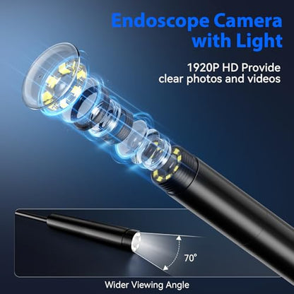Endoscope Camera with Light, 1920P HD Borescope Tools with 8 Adjustable LED Lights, 16.4FT Semi-Rigid Snake Cord IP67 Waterproof Inspection Camera for iPhone, iPad, iOS and Android Phone - size: 16.4FT, style: Single Lens