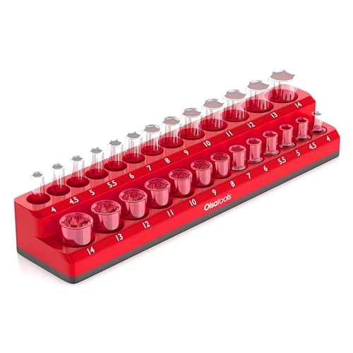 Olsa Tools Magnetic Socket Holder - 1/4-Inch Drive Metric Socket Organizer with Strong Magnets - Professional Tool Holder and Tool Organizer - Holds up to 26 Sockets - Red - Part: 1301 - color: Red, Metric, size: 1/4-Inch Drive, Metric
