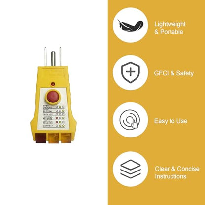 Outlet Tester with GFCI Check - Grounding & Receptacle Circuit Tester, Electric Outlet Tester Plug in, Automatic Electric Circuit Polarity Voltage Detector Breaker Finder (Yellow)