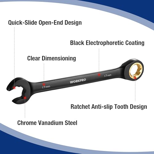 WORKPRO Upgraded 8-piece Anti-Slip Ratcheting Combination Wrench Set with Quick-Slide Open End, 72-Teeth, Cr-V Constructed, Black Metric Wrenches Set with Roll Up Pouch, 8mm-17mm - style: Metric + Quick Release