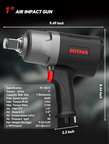 ROTAKE 1" Air Impact Wrench, 1556 ft-lbs, Twin Hammer, RT-5572 | 5600 RPM Speed, Heavy-Duty Aluminum Hammer Case, 9.02-lb Composite Body, 3-Speed Control, Semi-Trailers & Heavy Equipment - size: 1" (1556 ft-lbs)RT-5572