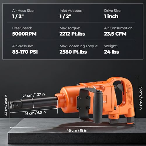 1 Inch Air Impact Wrench Gun 5000RPM High Torque 1" Pneumatic Impact Wrenches Set Metal Housing with D Handle, 38mm & 41mm Sockets 1/2" Air Inlet for Heavy Duty Repairs and Maintenance - size: 3500N.m