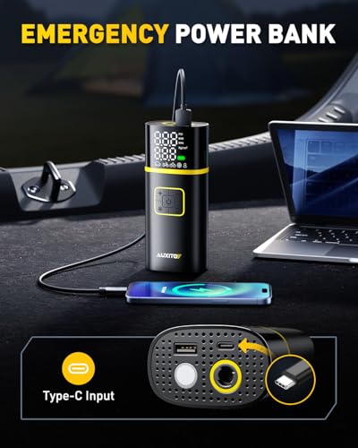 AUXITO Tire Inflator Portable Air Compressor - 150PSI Bike Pump 1Min Fast Inflate with Tire Pressure Gauge, 5200 mAh, LED Light, Car Accessories Air Pump for Auto, Moto, Bike Car Gifts for Men - size: 5200mAh