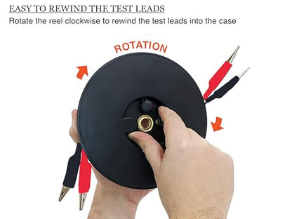 2 Wire 30’ Retractable Test Leads with 2” Alligator Clips, 18 Gauge Electrical Copper Wire, Impact-Resistant Reel, Black