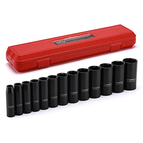 CASOMAN 1/2-Inch Drive Deep Impact Socket Set, 13 Pieces Set, 7/16"-1-1/4", CR-MO, SAE, Heavy Duty Storage Case - size: DEEP(CR-MO)