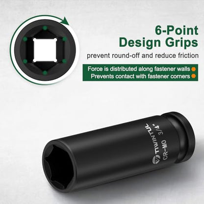 3/4" Deep Impact Socket 1/2 Inch Drive for Hub Nuts & Wheel Bearings | CR-MO Steel Impact Socket, 3.07" Length, 6 Point Design, SAE Socket for Automotive and Agricultural Equipment Maintenance - size: 3/4" (Deep)