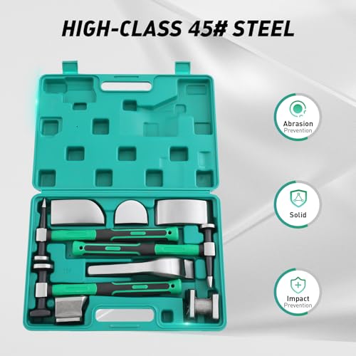 9PCS Auto Body Repair Kit, Hand Car Auto Body Work Hammer Fender Tool, Dent Crowbar Metal Repair Kit Fender Carbon Steel Dolly and Hammer Dolly Set with Carrying Case