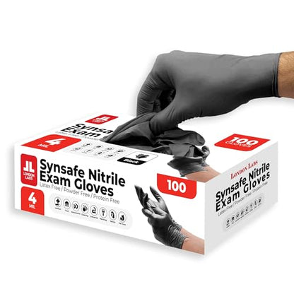 London Labs Synsafe 4 Mil - Black Nitrile Exam Gloves –Disposable Latex Free & Powder Free – Extra Strong, Rubber Gloves – First Aid Kit, Medical, EMT, Cleaning, Cooking | Pack of (100 ct) - size: X-Small, style: 100 Count