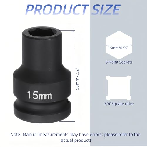 3/4"Drive x 15mm Metric, 6-Point Deep Impact Socket, Axle Nut Impact Socket | 40CR Alloy Steel,Clear labeling, Common Tools for Car Repair/Mechanical Work/Construction/Carpentry and Home Maintenance - size: 15mm