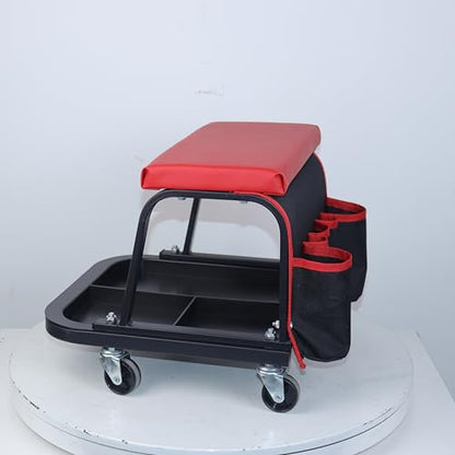 Rolling Mechanic Garage Stool on Wheels with Padded Cushion, Tool Tray Storage and Side Pockets, 300 LBS Capacity, Red - color: Red
