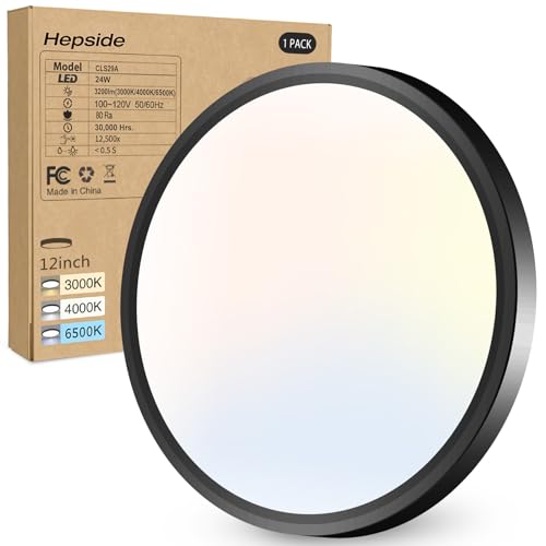 hepside 1PACK LED Flush Mount Ceiling Light,3000K-4000K-6500K & 100W Equivalent Modern Kitchen Recessed Ceiling Lamp 24W 3200Lm 12 Inch for Bathroom Closet Laundry Bedroom Hallway - color: Black, size: 12Inch-1pack