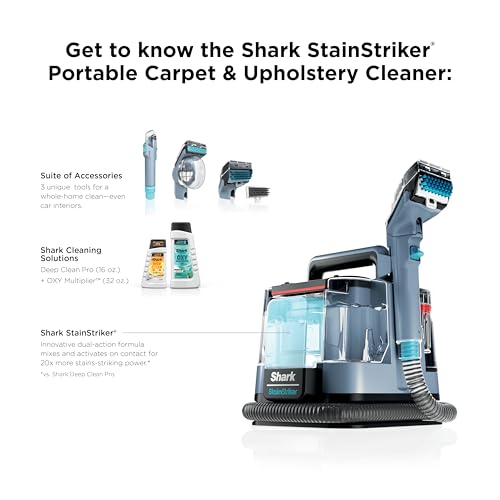 Shark Stain Striker, Portable Carpet, Upholstery and Area Rug Cleaner, 4 Tools, Full Size Solutions, Stain and Odor Remover, Blue, PX202BRN - style: StainStriker + 4 Tools + XL Cleaning Solutions
