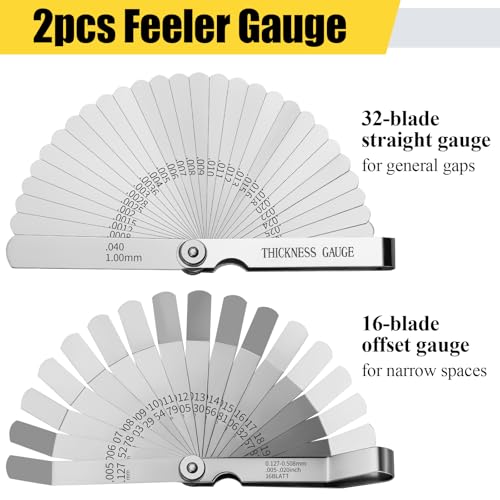 Hoiny 2pcs Feeler Gauges Set Stainless Steel, Spark Plug Gap Tool | 32 Straight & 16 Angled Blades, Dual Marked SAE/Metric Wider Range, Filler Gauges Kit for Valves, Automotive, Piston, Guitar