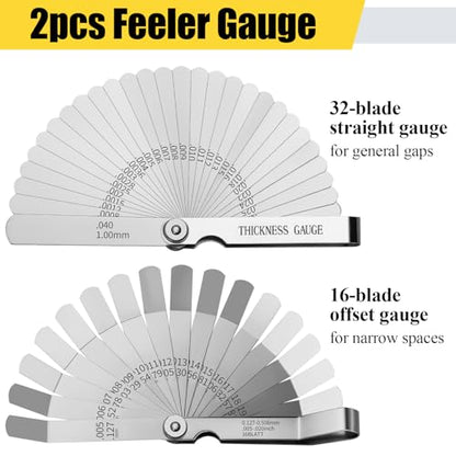Hoiny 2pcs Feeler Gauges Set Stainless Steel, Spark Plug Gap Tool | 32 Straight & 16 Angled Blades, Dual Marked SAE/Metric Wider Range, Filler Gauges Kit for Valves, Automotive, Piston, Guitar