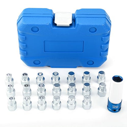 21pcs Anti-Theft Wheel Lock Lug Nut Remover Tool Kit, Automotive Wheel Nuts Screw Removal Key Socket Set with 1/2" Square Drive Adapter