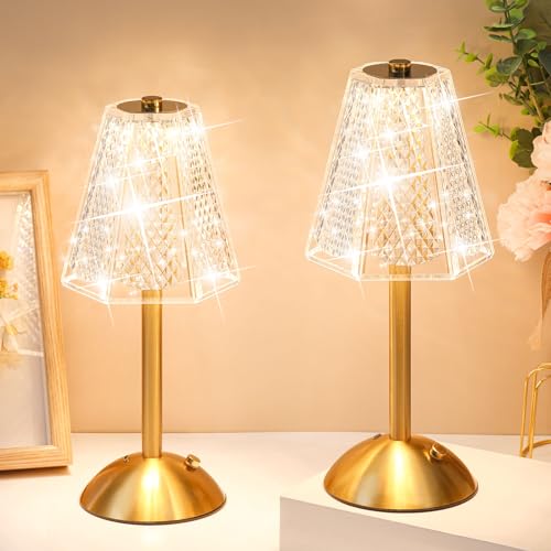 Liliful 2 Pcs Cordless Table Lamp Rechargeable Touch LED Small Gold Portable Battery Operated USB-c Desk Lamp 3 Color Dimmable for Bedroom Living Room Dining (Gold,Hexagonal Diamond Style) - color: Hexagonal Diamond Style, size: Gold