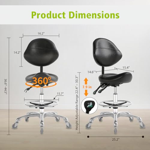 Saddle Stool Chair with Wheels,Ergonomic Swivel Rolling Height Adjustable for Salon Beauty Clinic Dentist Tattoo Home Office - color: Black, size: With Backrest