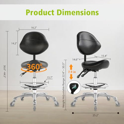 Saddle Stool Chair with Wheels,Ergonomic Swivel Rolling Height Adjustable for Salon Beauty Clinic Dentist Tattoo Home Office - color: Black, size: With Backrest