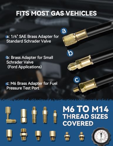 AUTOWN Fuel Pressure Tester Kit 0-140PSI with Adapters for Cars, Trucks, ATVs, Fuel Pump Injector, Fuel Pressure Gauge Diagnostic Tool - size: 21PCS