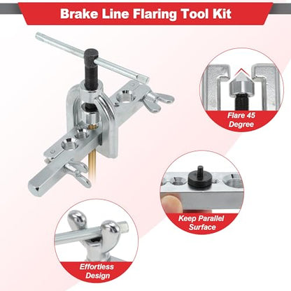 Brake Line Flaring Tool Kit Double & Single Flaring Tool 7 Adapters, Tubing Cutter for Copper/Aluminum/Brass Brake Line Tubing 45 Degrees 3/16" 1/4" 5/16" 3/8" 7/16" 1/2" 5/8"