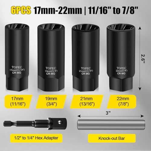 Topec 6PCS Deep Lug Nut Removal Tool, 1/2" Drive Lug Nut Extractor Set, 17,19,21,22MM Wheel Lock Removal Kit, Spark Plug Extractor Socket Set for Stripped, Rounded, Damaged Bolts & Studs - size: 6 PCS