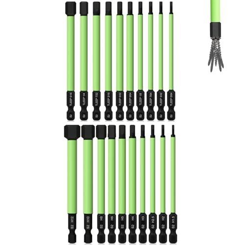 20 x 1/4" 100MM Long Allen Wrench Drill Bits, 1.5MM to 12MM & 5/64" to 5/16", Hex Head Allen Bit Set S2 Steel Magnetic Tips Screwdriver Set for Ikea Type Furniture, SAE & Metric Hex Bit Set - style: Set 3: SAE and Metric, 100MM Green