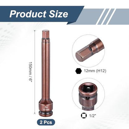 HARFINGTON 2pcs Impact Hex Bit Socket 1/2" Drive 12H (12mm) Hex Bits 6" Length S2 Steel Metric Impact Wrench Socket Adapter Tool for Automotive Repair Industrial Construction and Home DIY - size: H12 x 1/2" x 6"