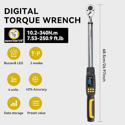 Digital Torque Wrench Set, 1/2 Inch Driver Torque Wrench with Socket Adapter and Extension Bar, 12.5-250 ft-lb (17-340 Nm), ±2% Accuracy, 72-Tooth, for Automotive Truck Car Motorcycle - size: 1/2" 340Nm