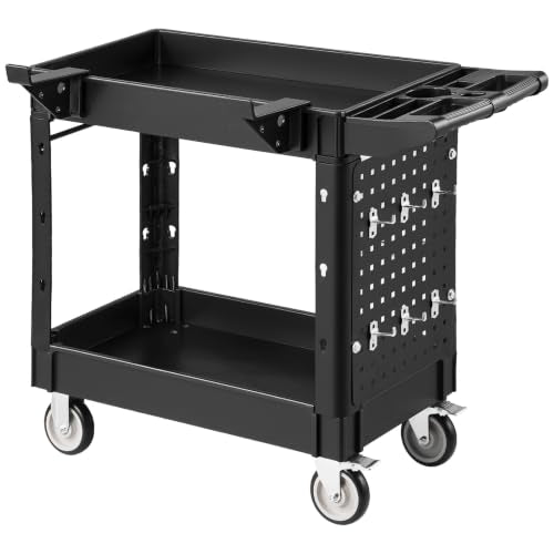 VEVOR Heavy Duty Utility Cart with Tray & Pegboard, 550 LBS 2 Tier Service Cart with 360° Swivel & Fixed Wheels (2 with Brakes), Plastic Rolling Cart, Tool Storage for Garage Warehouse Workshop - size: 39.76 x 17.32 x 33.27 in