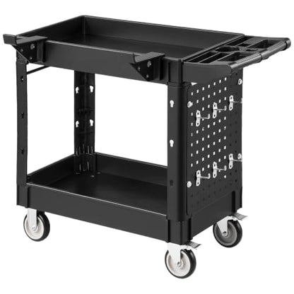 VEVOR Heavy Duty Utility Cart with Tray & Pegboard, 550 LBS 2 Tier Service Cart with 360° Swivel & Fixed Wheels (2 with Brakes), Plastic Rolling Cart, Tool Storage for Garage Warehouse Workshop - size: 39.76 x 17.32 x 33.27 in