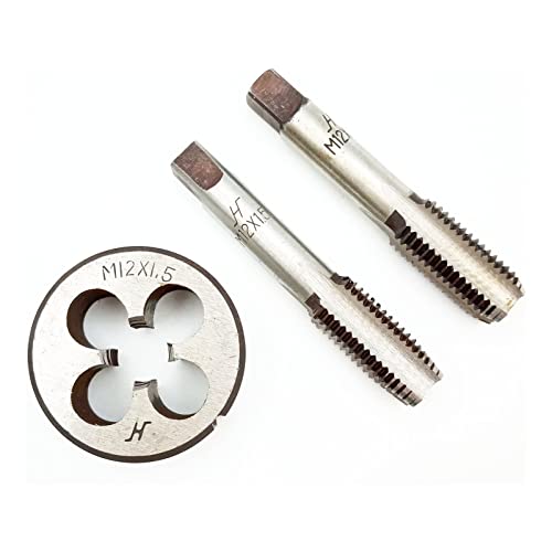 AtticZone M12 x 1.5 Metric Hand Thread Tap and Die Set, Right Hand 12 * 1.5, Alloy Tool Steel, 1 Taper Tap, 1 Plug Tap, 1 Round Die for Metal Working DIY Industrial - size: M12x1.5
