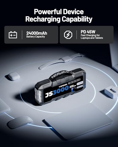 TOPDON Car Battery Jump Starter, 3000A Peak Portable Jump Starter Battery Pack for 12V Vehicles, Up to 8L Gas/6L Diesel Engines, Battery Booster with Jumper Cables, LED Flashlight and EVA Case