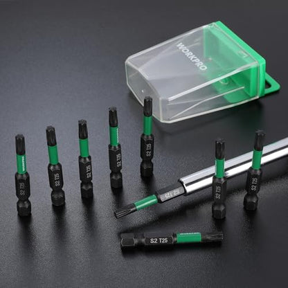 WORKPRO 12PCS 2" T25 Torx Magnetic Impact Screwdriver Bit Set | CNC Machined S2 Steel Tips with Magnetism, 1/4" Hex Shank Star Driver Bit, Long Impact Screwdriving Bits with Storage Box - size: 2 in