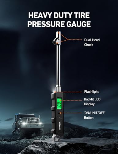 AstroAI Heavy Duty Digital Tire Pressure Gauge 0-230 PSI Calibrated to ANSI B40.7 Grade 2A (0.5%) with Backlit LCD & Flashlight, Stainless Steel for Truck RV Car Motorcycle Bike, 2Pack - size: 2 Pack, style: Long Version