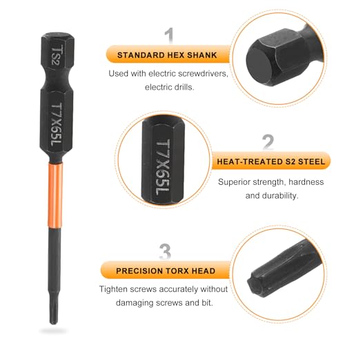 HARFINGTON 3pcs T7 Torx Head Screwdriver Bit 2.56" (65mm) Long 1/4" Hex Shank Magnetic No Hole Tamper Proof 6 Point Star Screw Driver Drill Bits Phosphate S2 Steel Industrial Power Tools - size: T7