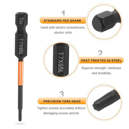 HARFINGTON 3pcs T7 Torx Head Screwdriver Bit 2.56" (65mm) Long 1/4" Hex Shank Magnetic No Hole Tamper Proof 6 Point Star Screw Driver Drill Bits Phosphate S2 Steel Industrial Power Tools - size: T7