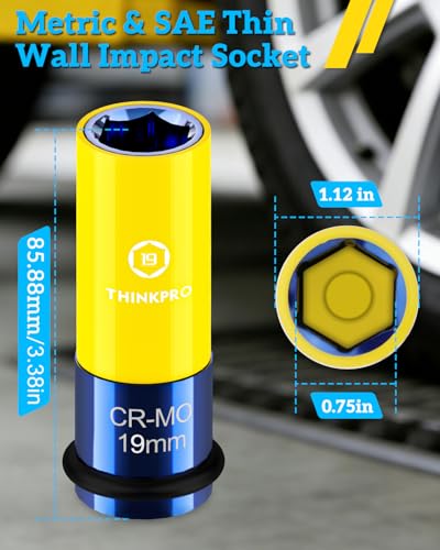 19MM Impact Socket,1/2" Drive Non Marring Lug Nut Socket | Thin Wall Deep Socket for Hex Wheel Nut Removal - size: 19mm
