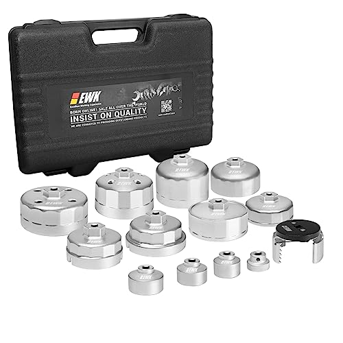 EWK 13 Pcs Forged Oil Filter Wrench Set (24–90mm), Aluminum Cup Tool Kit with Adjustable Wrench & Case, Fits Toyota, Ford, Mercedes, BMW, Audi, VW, Volvo, Chevrolet, Buick, GMC, RAM, Chrysler & More