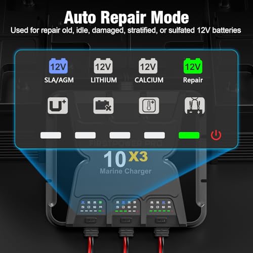 Upgraded 3 Bank Marine Battery Charger 10X3, 30A (10A/Bank) - 12V Waterproof Onboard Battery Charger, Battery Maintainer & Desulfator for SLA/AGM, Lithium (LiFePO4), Calcium & Deep-Cycle Battery - size: 3 Bank(30A)