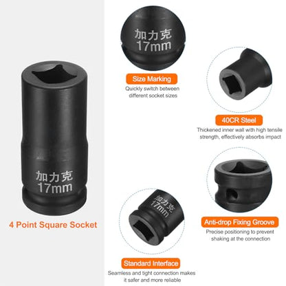 HARFINGTON 4 Point Square Socket 3/4" Drive by 17mm Metric Square Impact Socket 40CR Blackening Standard Wheel Sockets Pneumatic Socket Tool for Auto Repair Mechanical Maintenance Home Use - size: 17mm